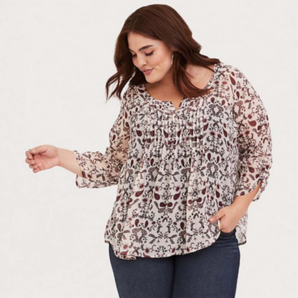 Size 1 Torrid Cream Paisley Chiffon Pintuck Top